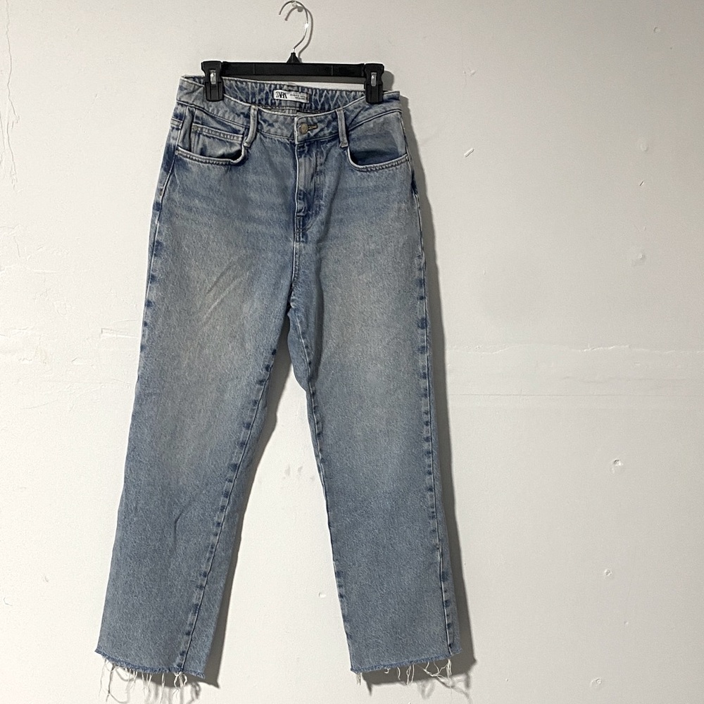 ZARA Women’s Jeans Size 8 Blue High Rise Straight Leg Raw Hem Denim Pants